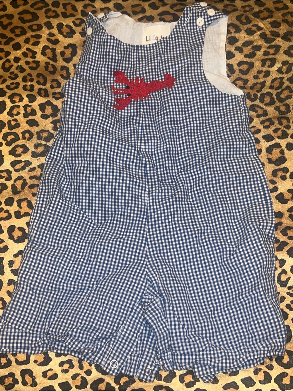 Cactus Blue Gingham Romper with Red Lobster Applique